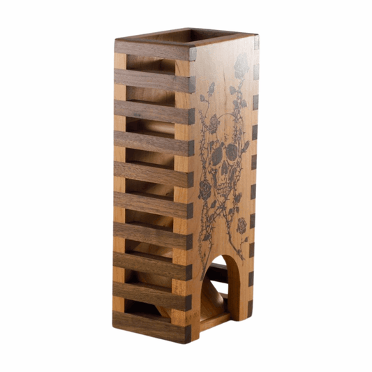 Wooden Dice Tower with Skull and Roses image for Tabletop Games