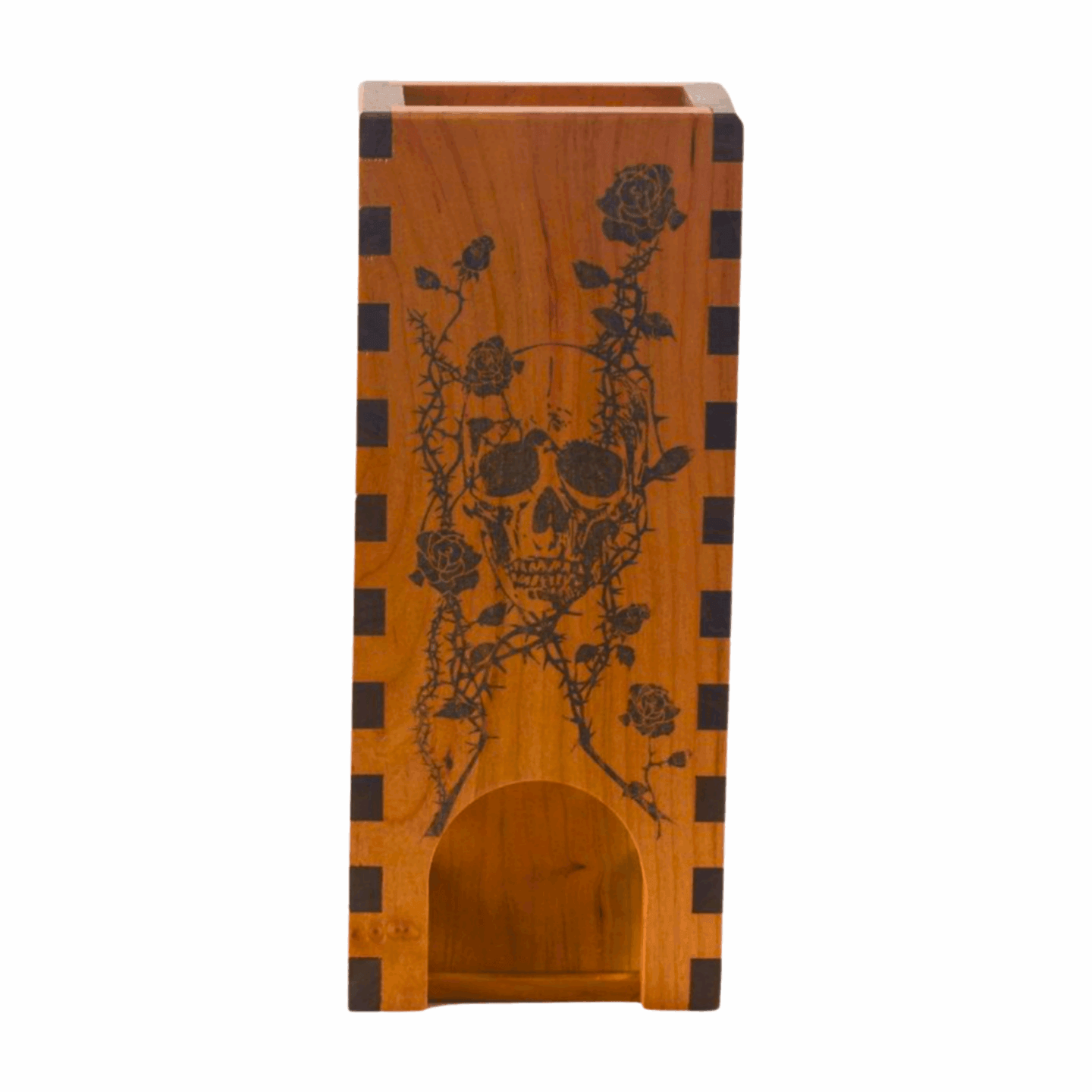 Front view of Skull and Roses Cherry Wood Dice Roller