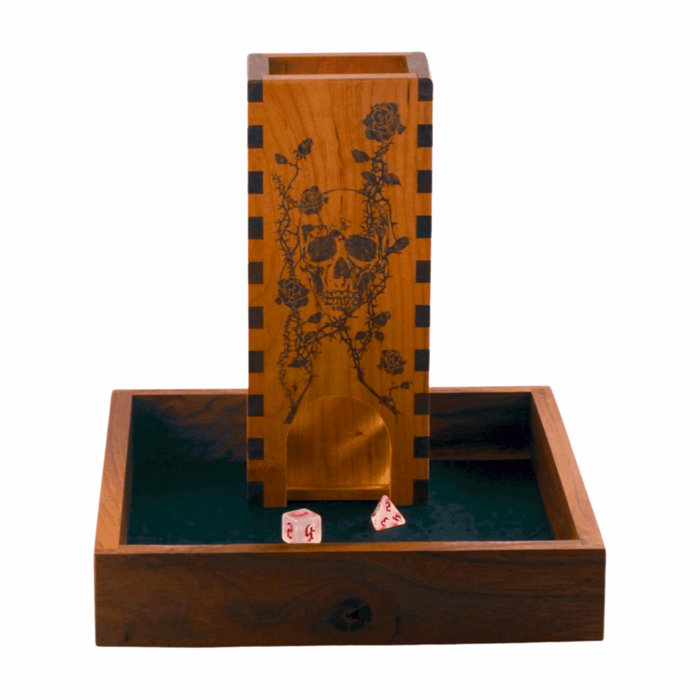 Skull and Roses Skeleton Tower in Wooden Dice Tray with 2 white dice