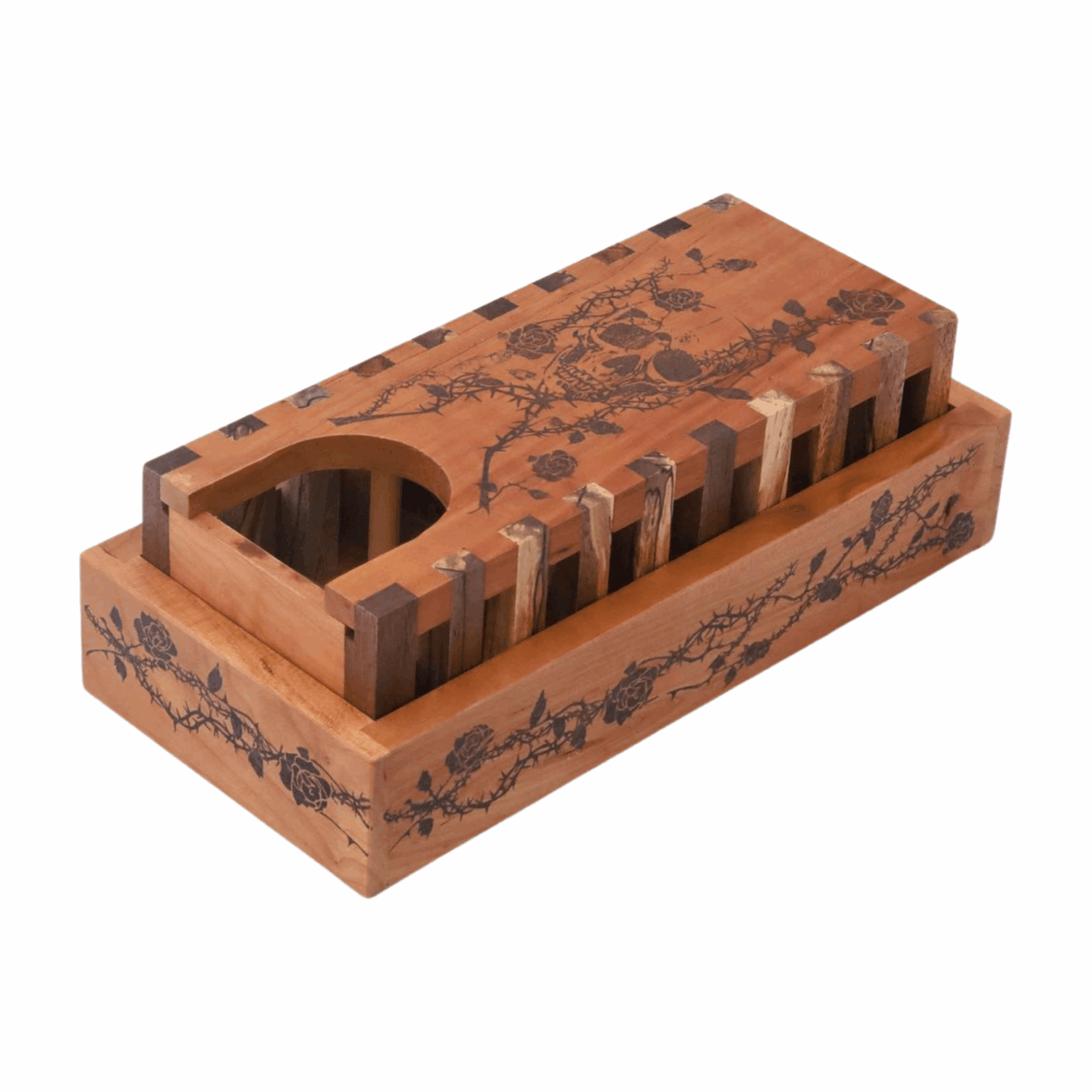 Cherry and Walnut Skeleton Design Dice Tower with Skull and Roses - Dragon Armor Games