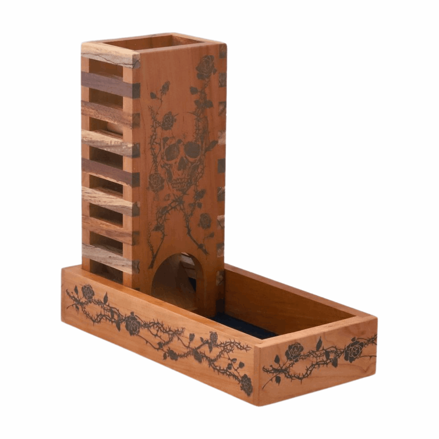 Cherry and Walnut Skeleton Design Dice Tower with Skull and Roses