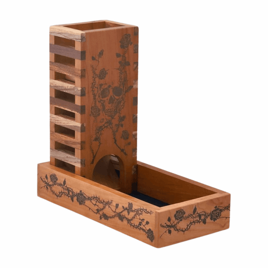 Cherry and Walnut Skeleton Design Dice Tower with Skull and Roses