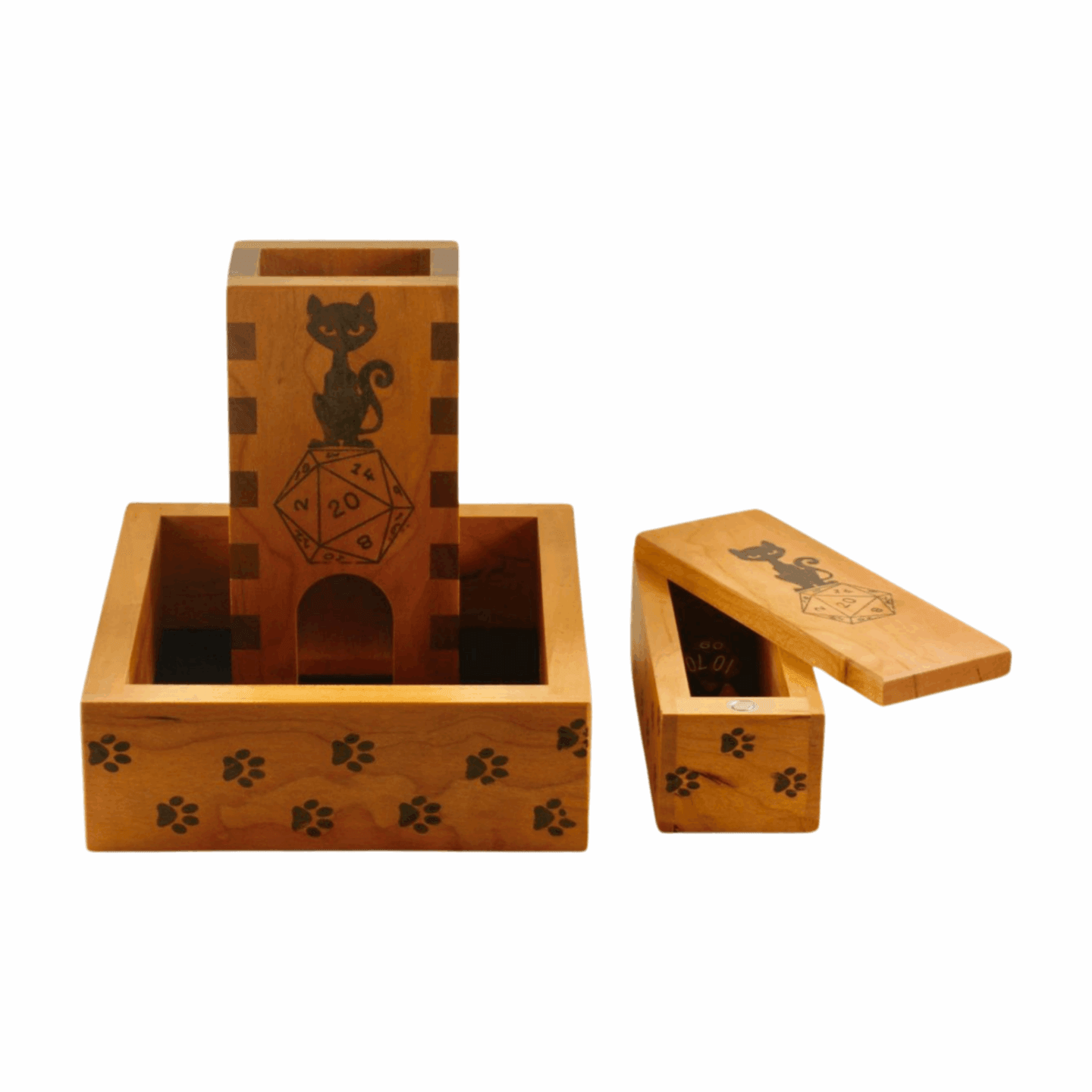 Cherry Dice Vault with D20 Cat and Paw Prints - Dragon Armor Games