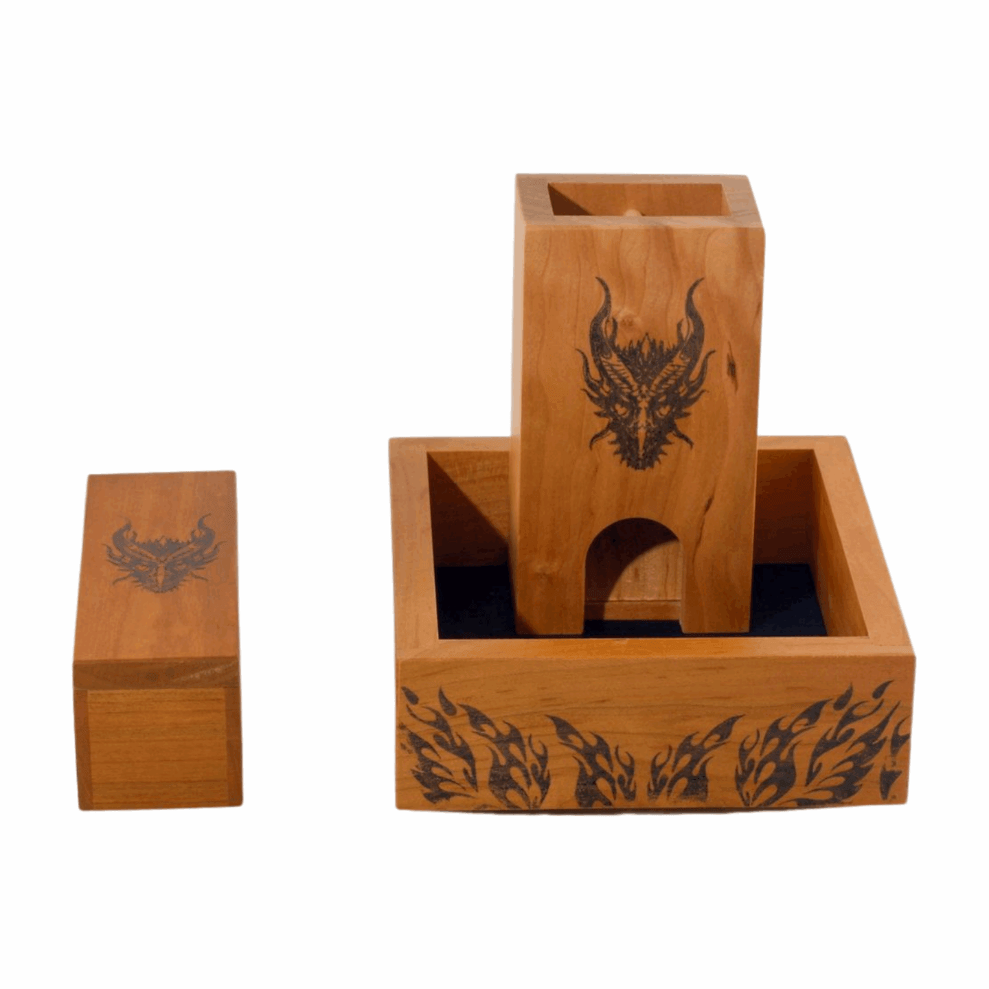 Dragon Wooden Dice Tower in Dice Tray and Dice Vault to the side