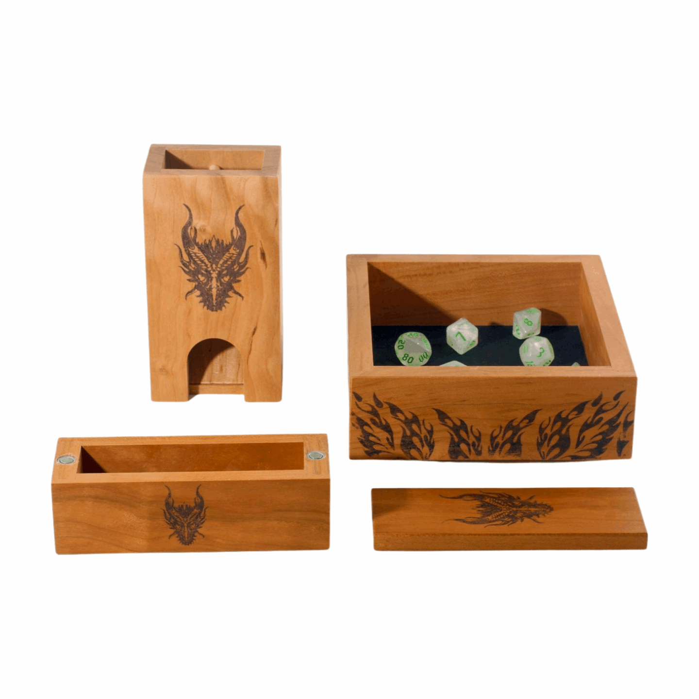 Image of pieces included in combo pack: dice tower, dice tray, dice vault with magnetic closure