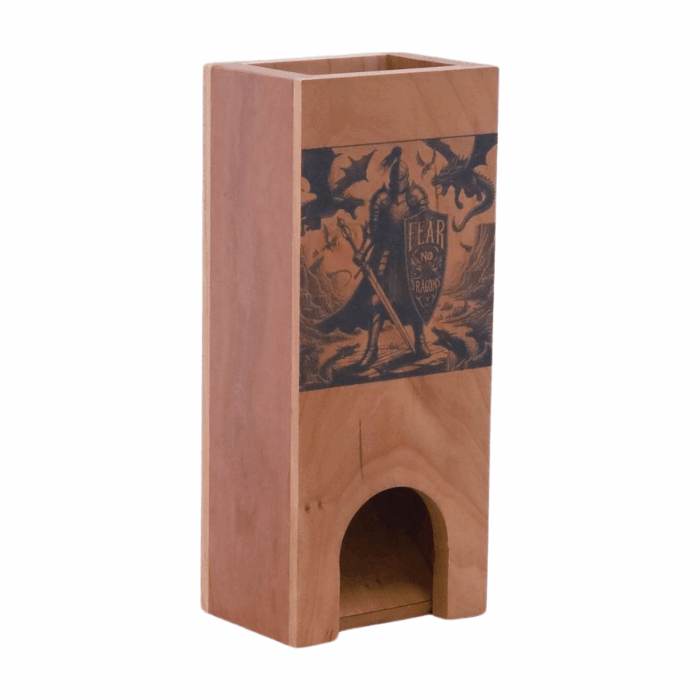 Medieval Knight Dragon Wood Dice Tower Fantasy Sword and Shield Image, Large DnD Dice Roller Gaming Setup, Dungeon Master Gift for Husband - Dragon Armor Games