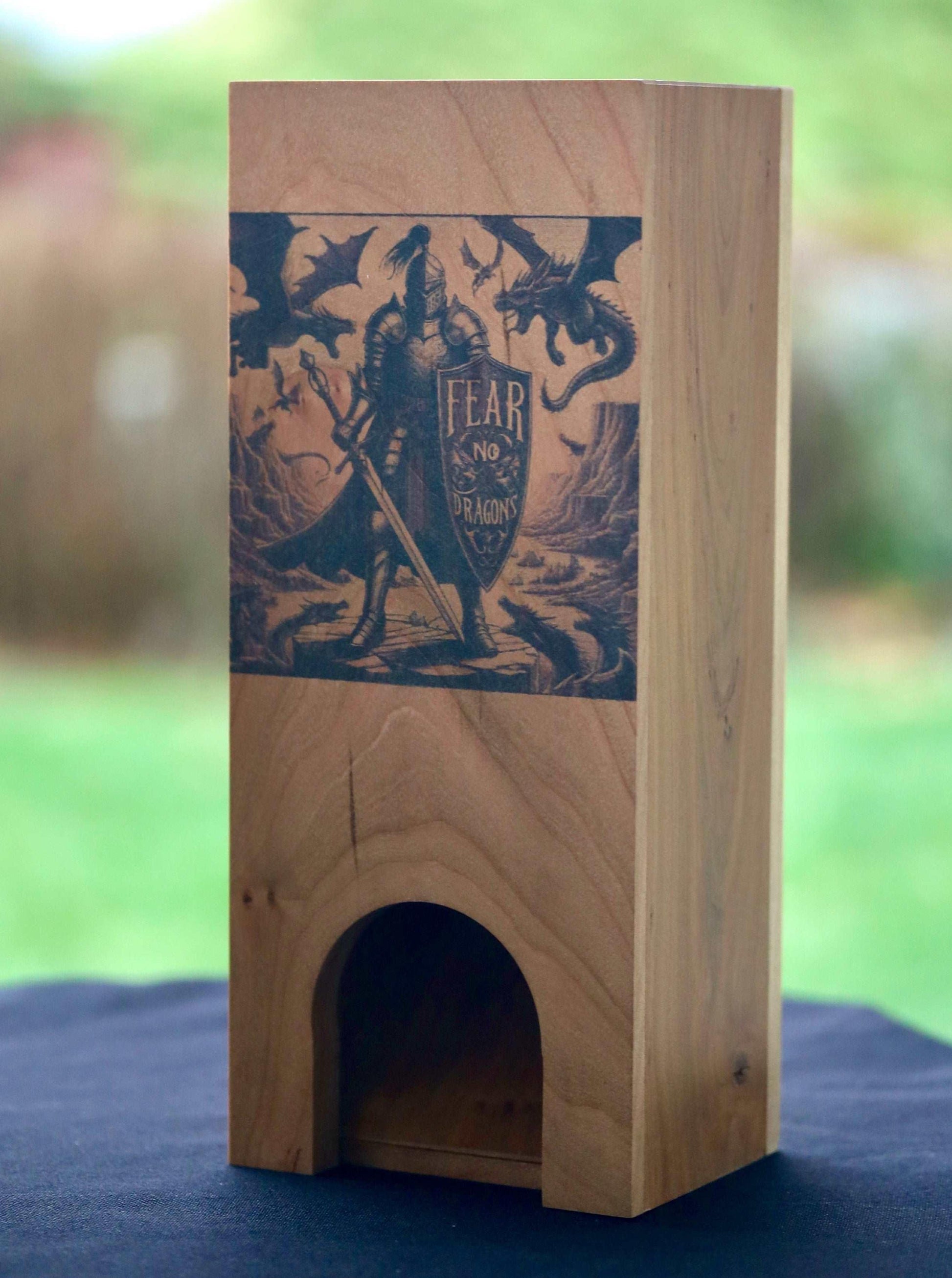 Medieval Knight Dragon Wood Dice Tower Fantasy Sword and Shield Image, Large DnD Dice Roller Gaming Setup, Dungeon Master Gift for Husband - Dragon Armor Games