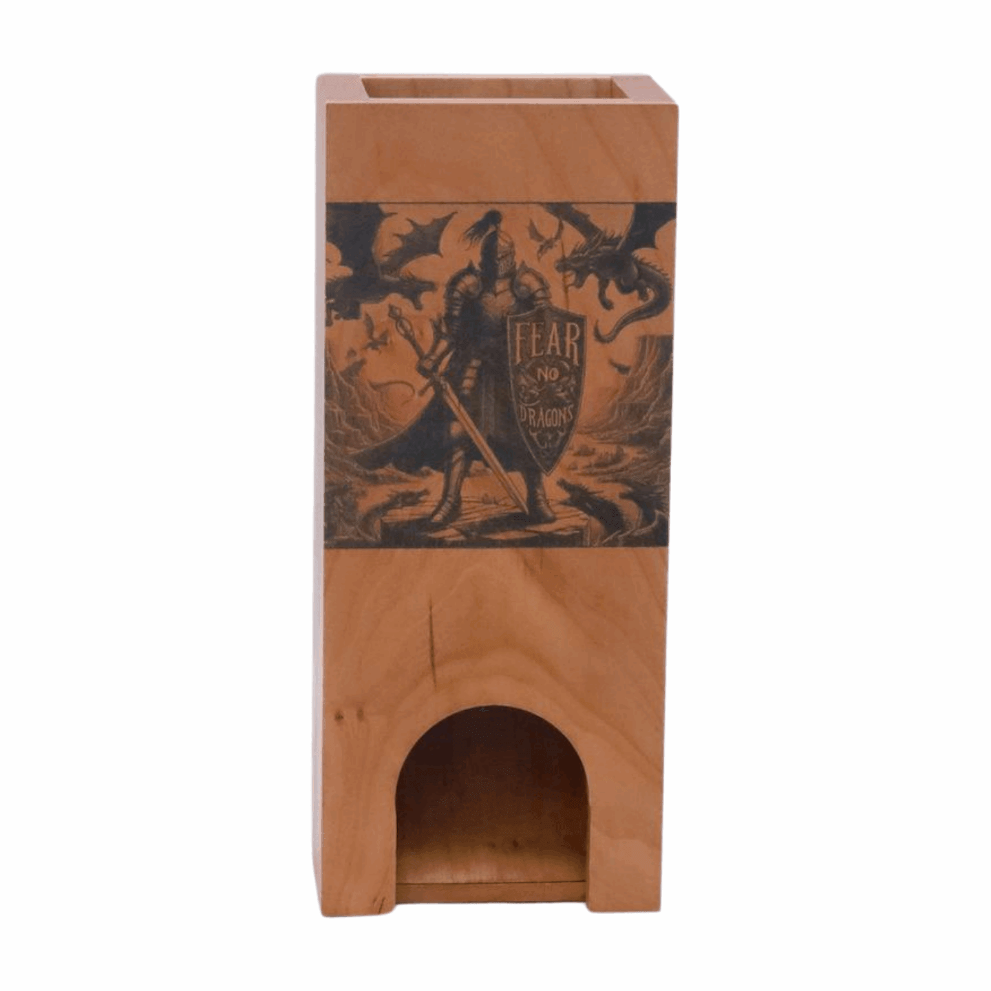 Medieval Knight Dragon Wood Dice Tower Fantasy Sword and Shield Image, Large DnD Dice Roller Gaming Setup, Dungeon Master Gift for Husband - Dragon Armor Games