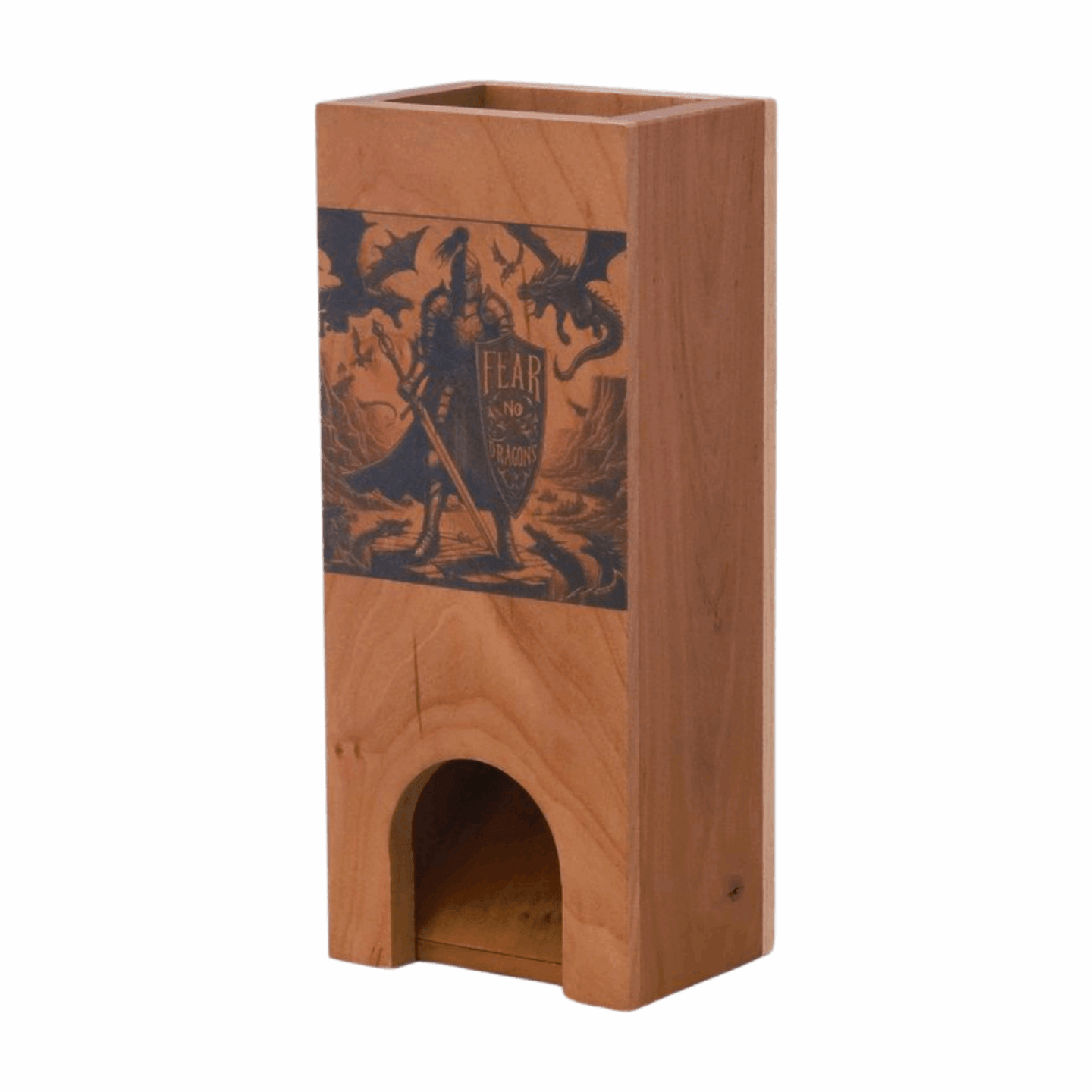 Medieval Knight Dragon Wood Dice Tower Fantasy Sword and Shield Image, Large DnD Dice Roller Gaming Setup, Dungeon Master Gift for Husband - Dragon Armor Games