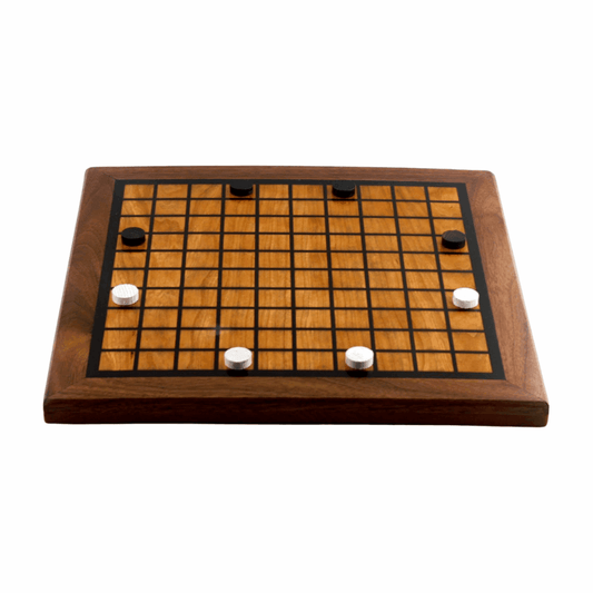 Wooden game board with black and white pieces