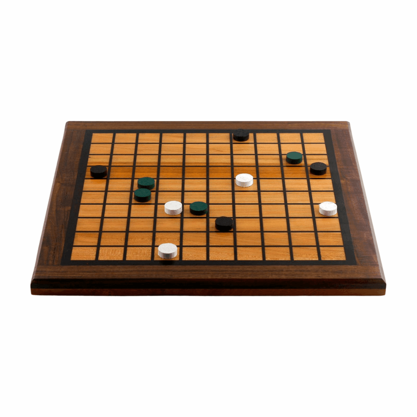 Wooden game board with grid and game pieces