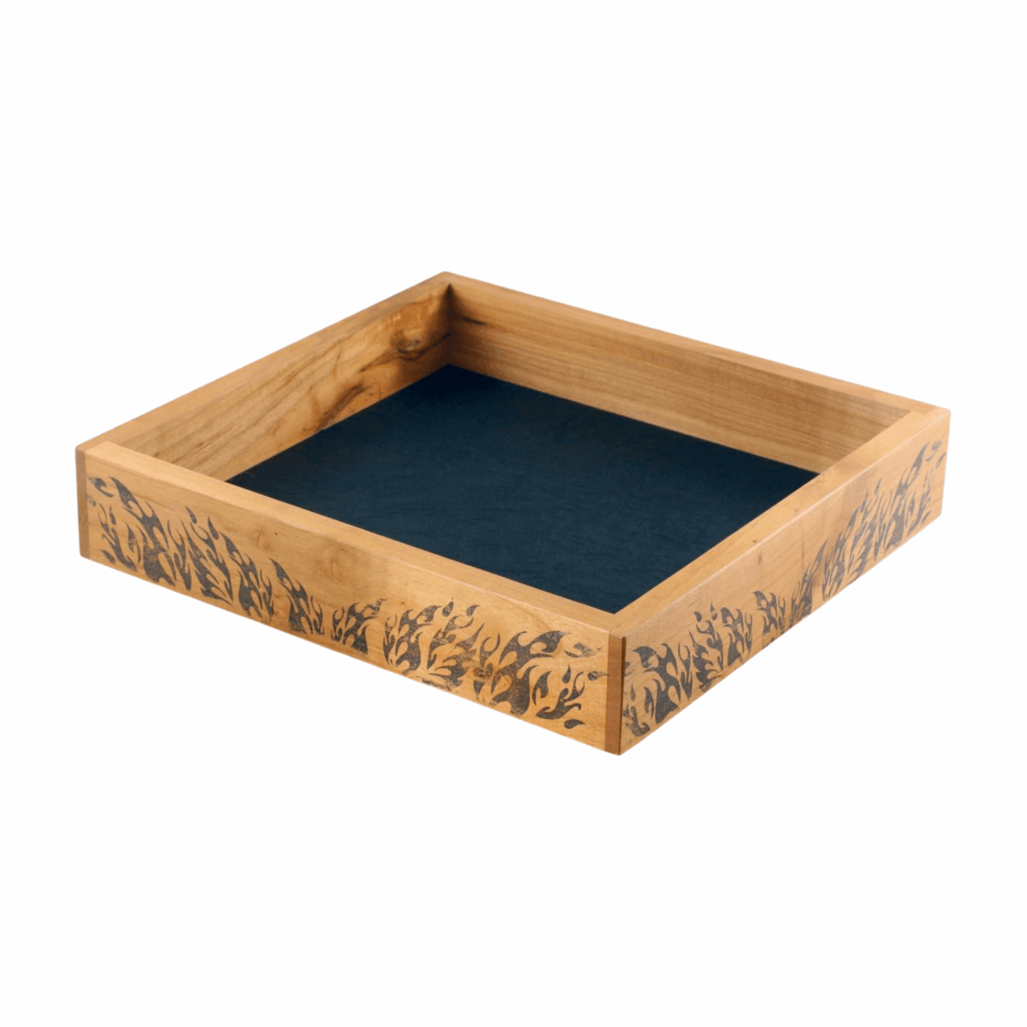 Large Cherry Wood Dice Tray with Flame Design for Tabletop Gaming - Dragon Armor Games