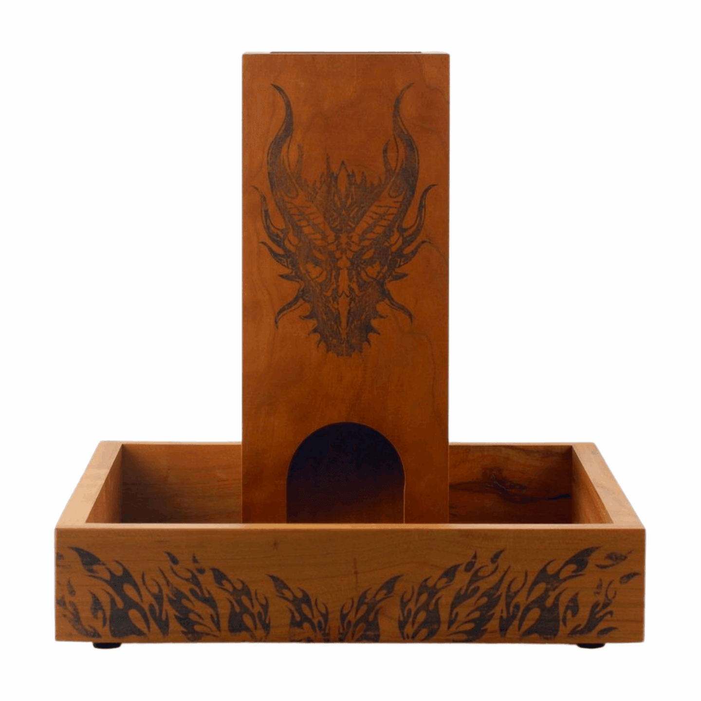 Large Cherry Wood Dice Tray with Flame Design for Tabletop Gaming - Dragon Armor Games