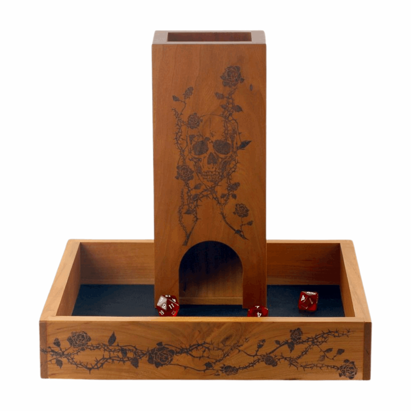 Large Cherry Wood Dice Tray with Rose and Thorn Design for Tabletop Gaming - Dragon Armor Games