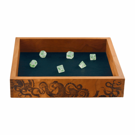 Large Cherry Wood Dice Tray with Tentacle Design for Tabletop Gaming - Dragon Armor Games