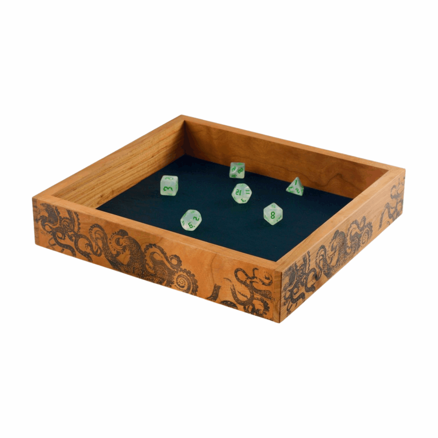 Large Cherry Wood Dice Tray with Tentacle Design for Tabletop Gaming - Dragon Armor Games
