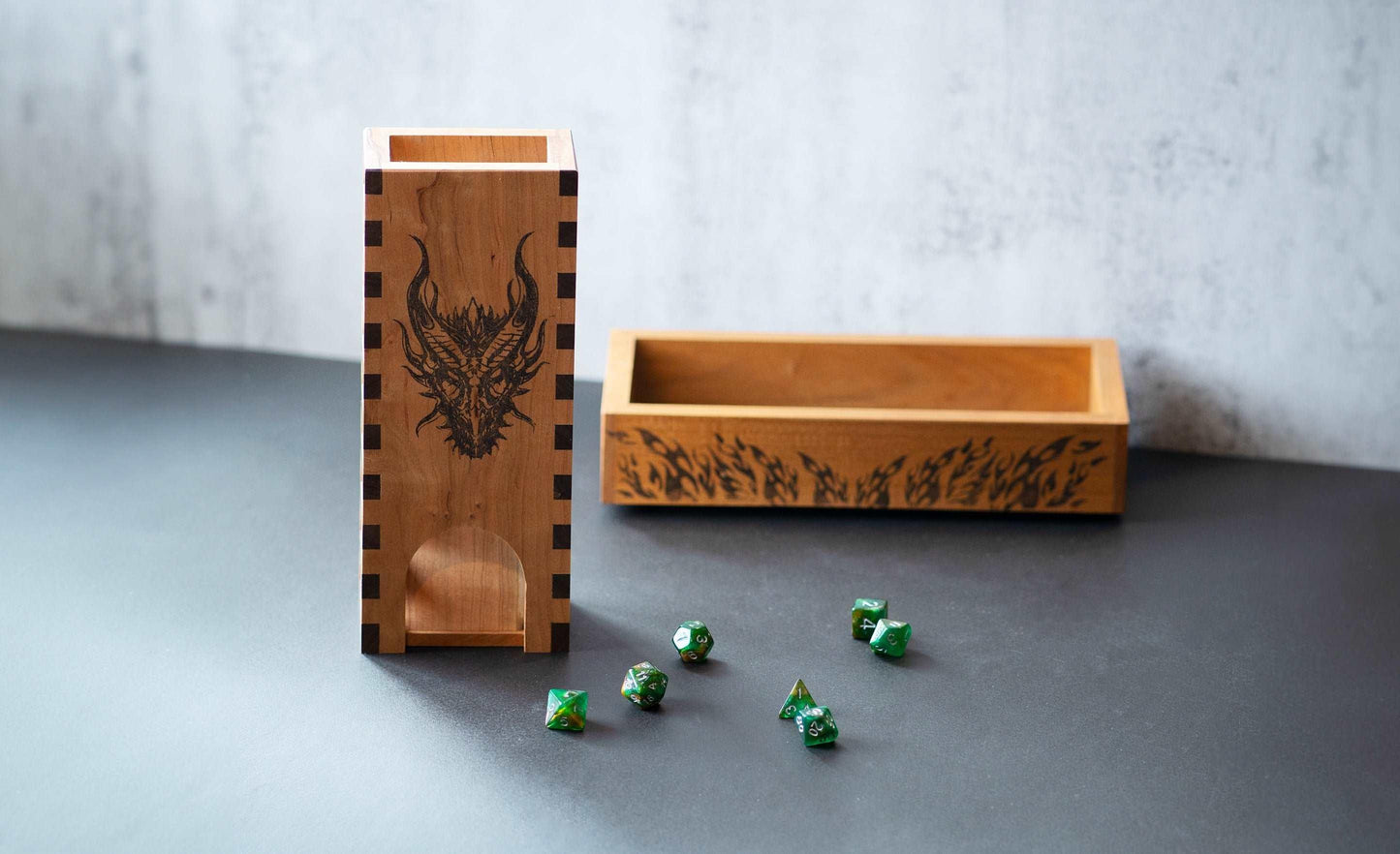 Medium Cherry Dice Tray with Flame Design - Dragon Armor Games