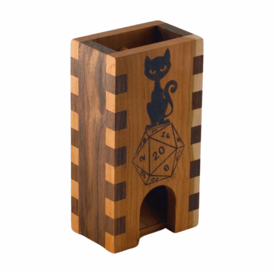 Black Cat D20 Cute Dice Tower Wood, Witchy Gift for Gamer Girl, Portable Wooden Dice Roller for DnD, Pathfinder, TTRPG, Cozy Gaming Setup- Dragon Armor Games