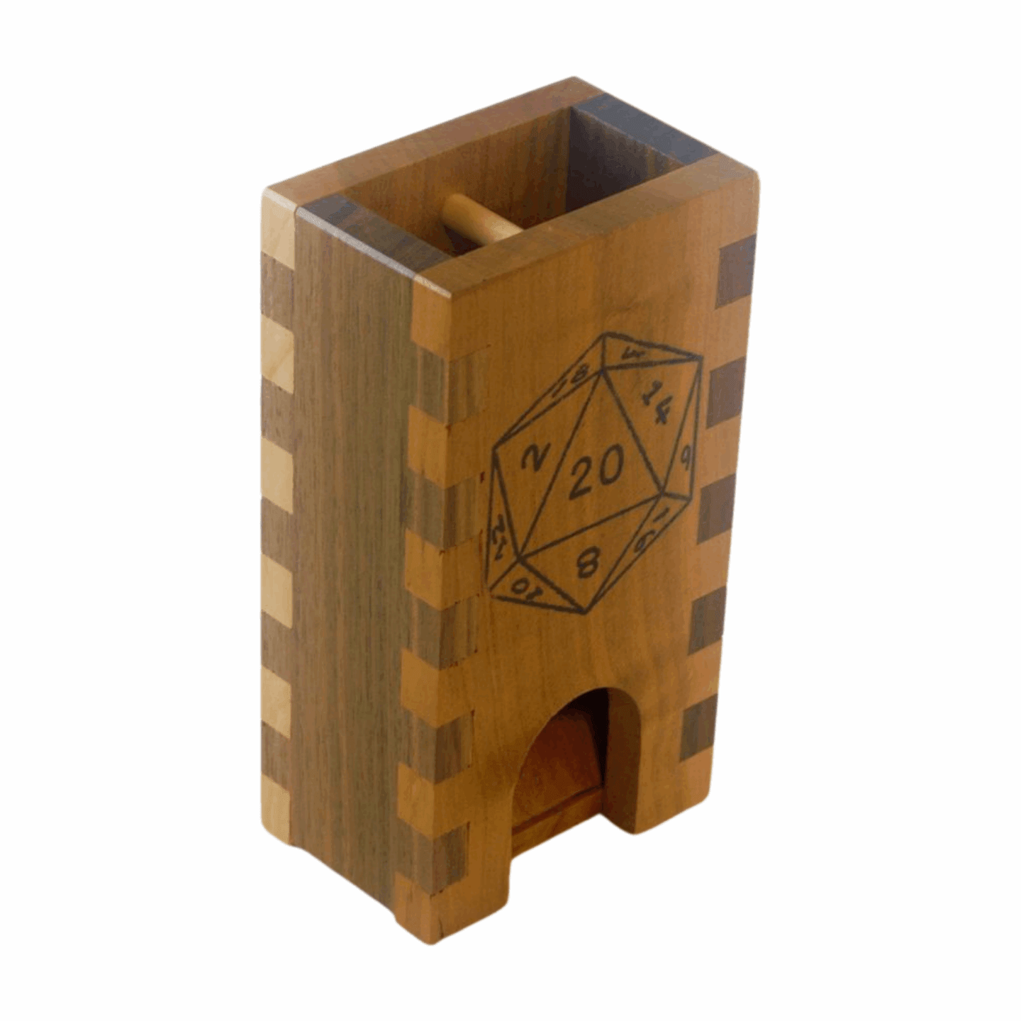 Small Cherry and Walnut Box Joint Dice Tower with D20 - Dragon Armor Games