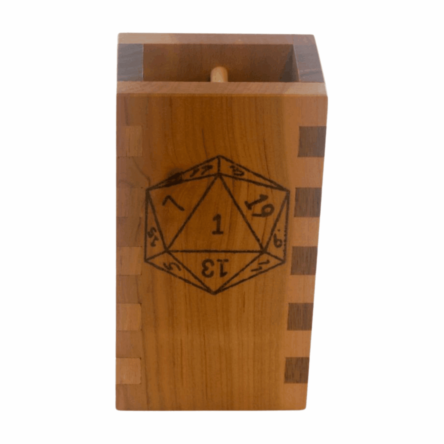 Small Cherry and Walnut Box Joint Dice Tower with D20 - Dragon Armor Games