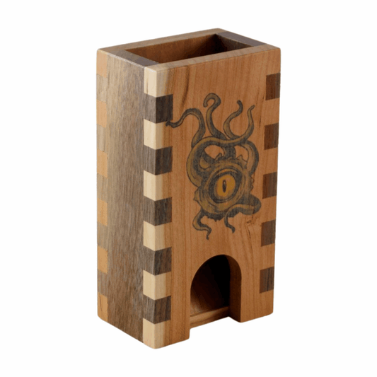 Small Cherry and Walnut Box Joint Dice Tower with Green Cthulhu - Dragon Armor Games