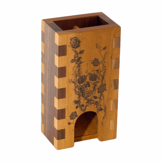 Small Cherry and Walnut Box Joint Dice Tower with Skull and Roses - Dragon Armor Games