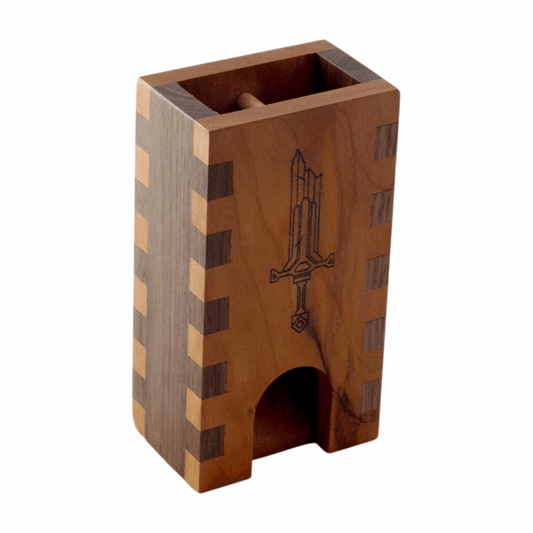 Small Cherry and Walnut Box Joint Dice Tower with Sword - Dragon Armor Games