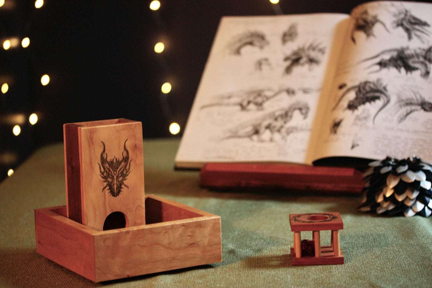 Small Cherry and Walnut Dice Tower with Dragon - Dragon Armor Games
