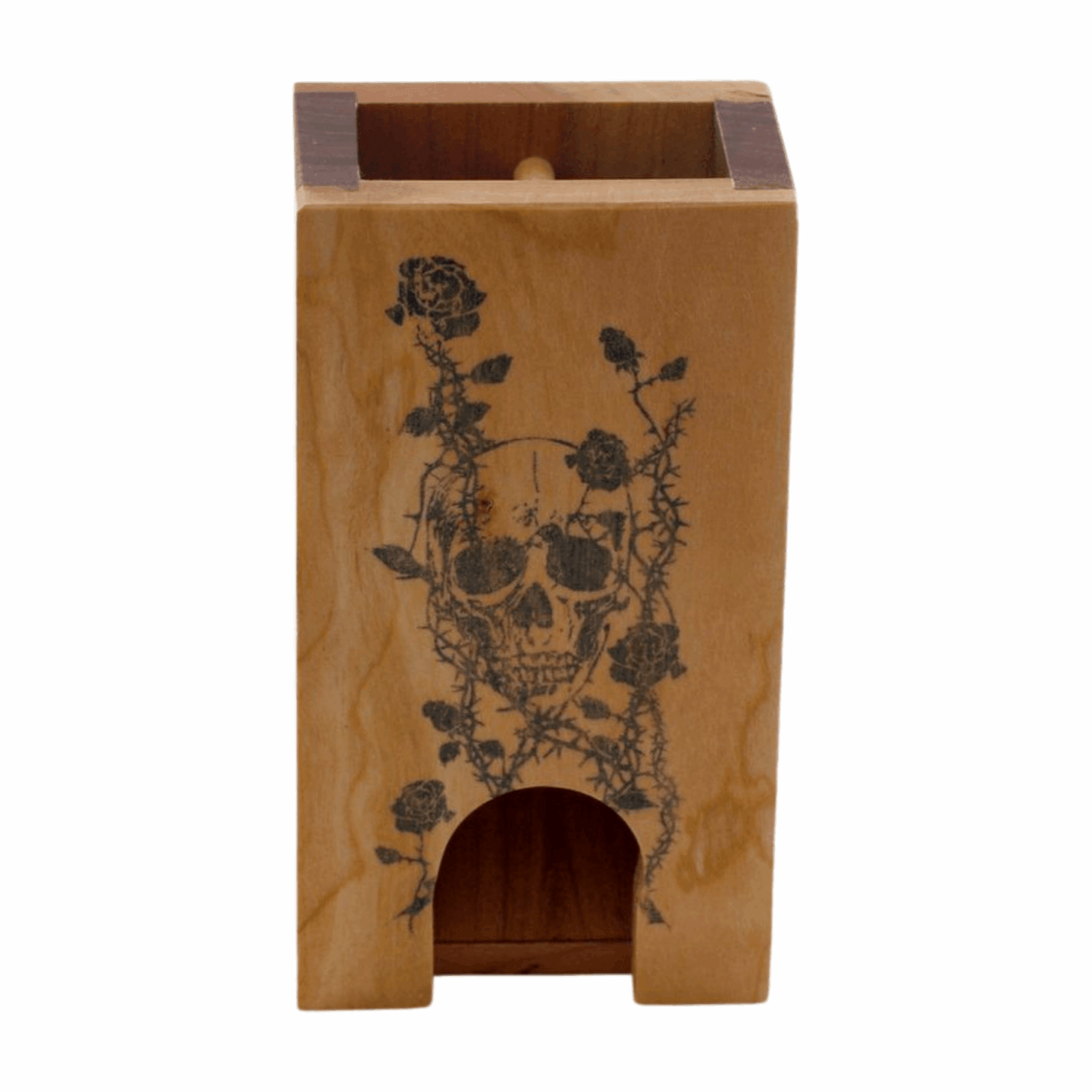 Small Cherry and Walnut Dice Tower with Skull and Roses - Dragon Armor Games