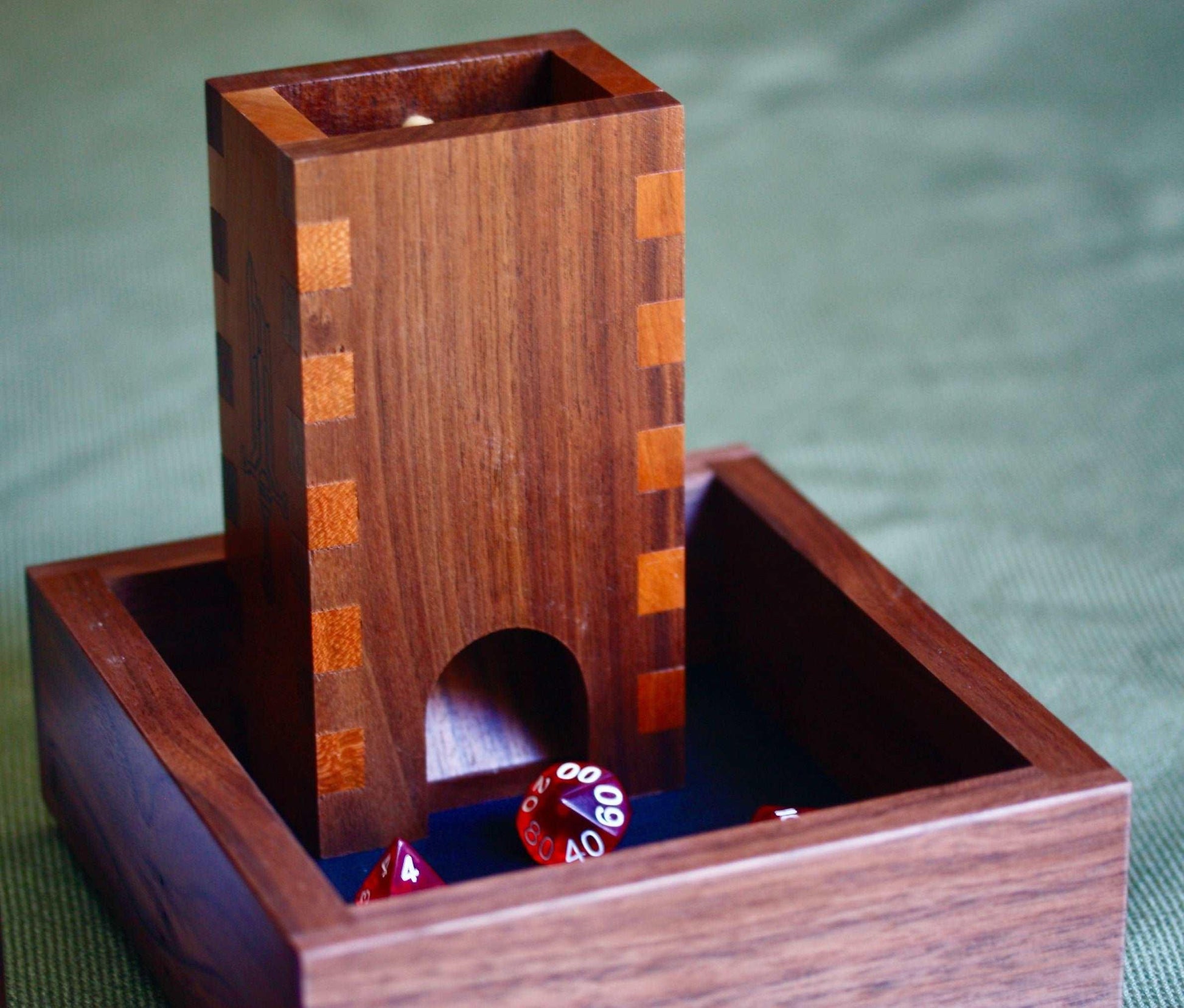 Small Walnut and Cherry Box Joint Dice Tower with Sword - Dragon Armor Games