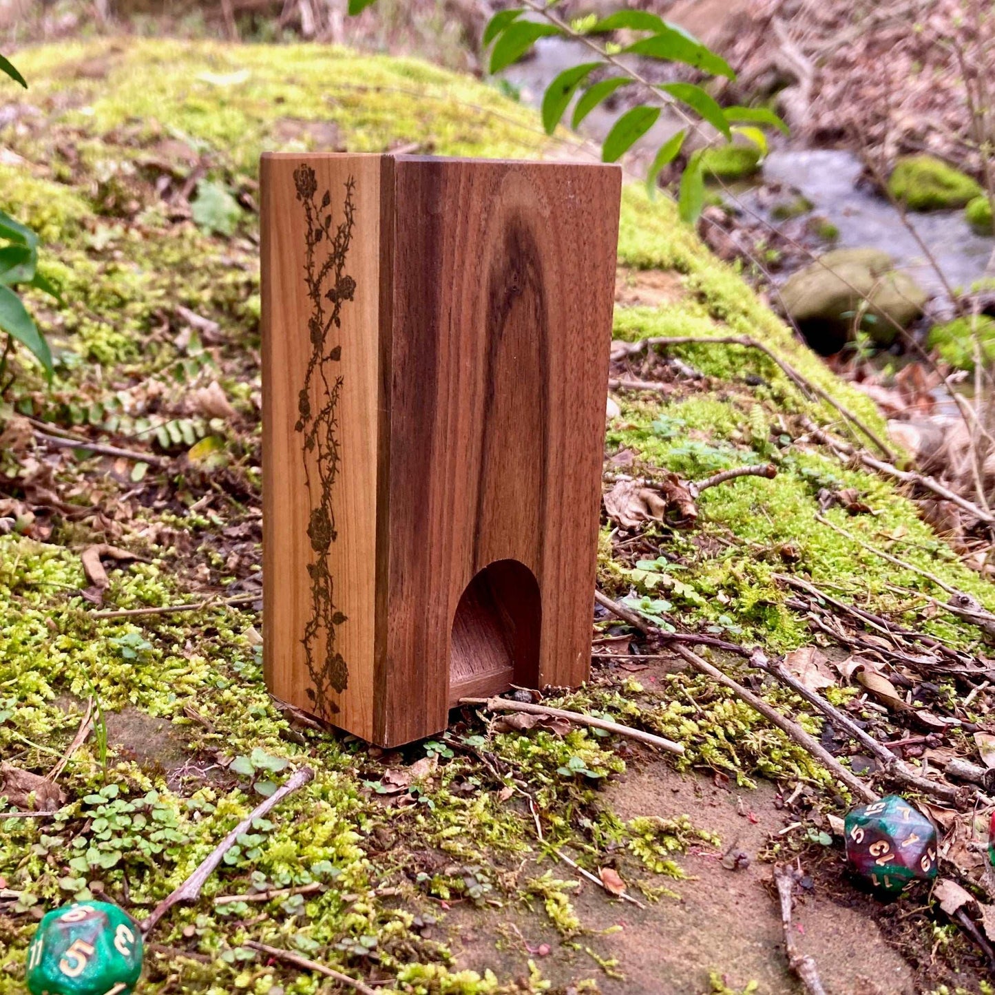 Small Walnut and Cherry Dice Tower with Roses - Dragon Armor Games