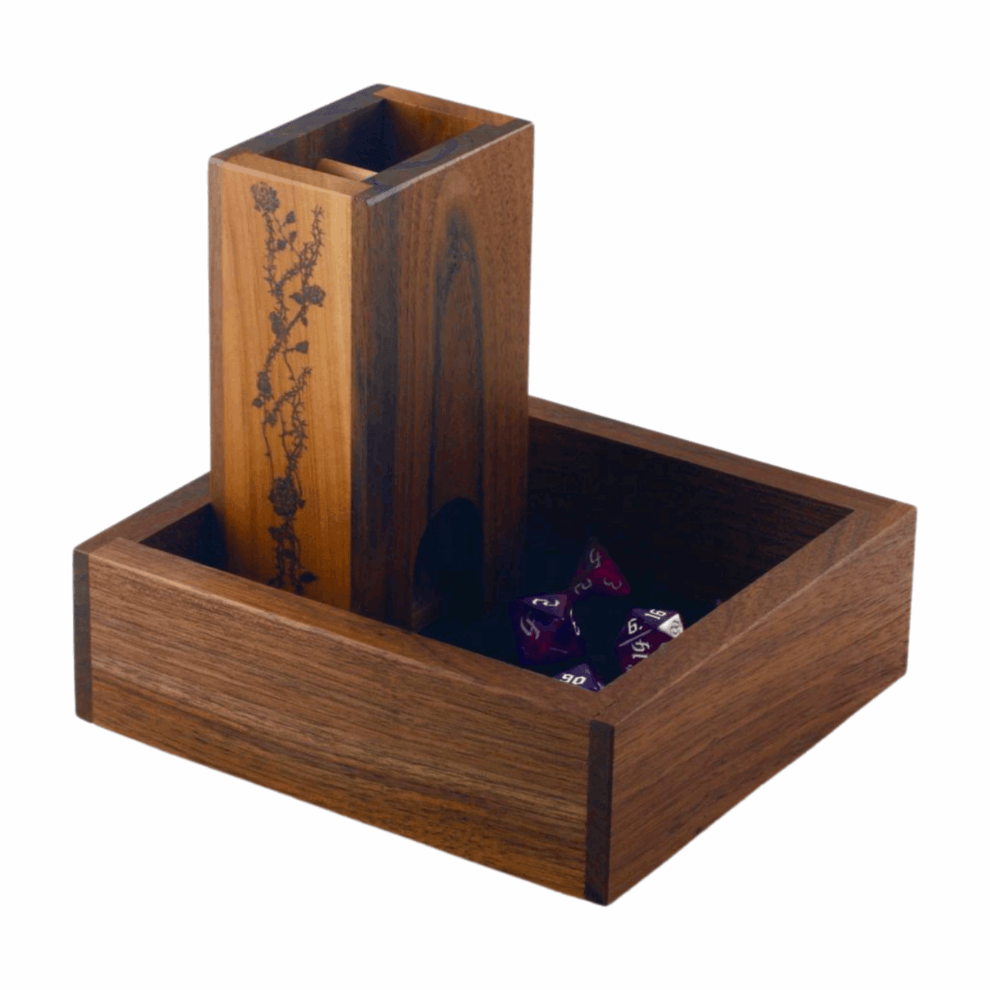Small Walnut and Cherry Dice Tower with Roses - Dragon Armor Games