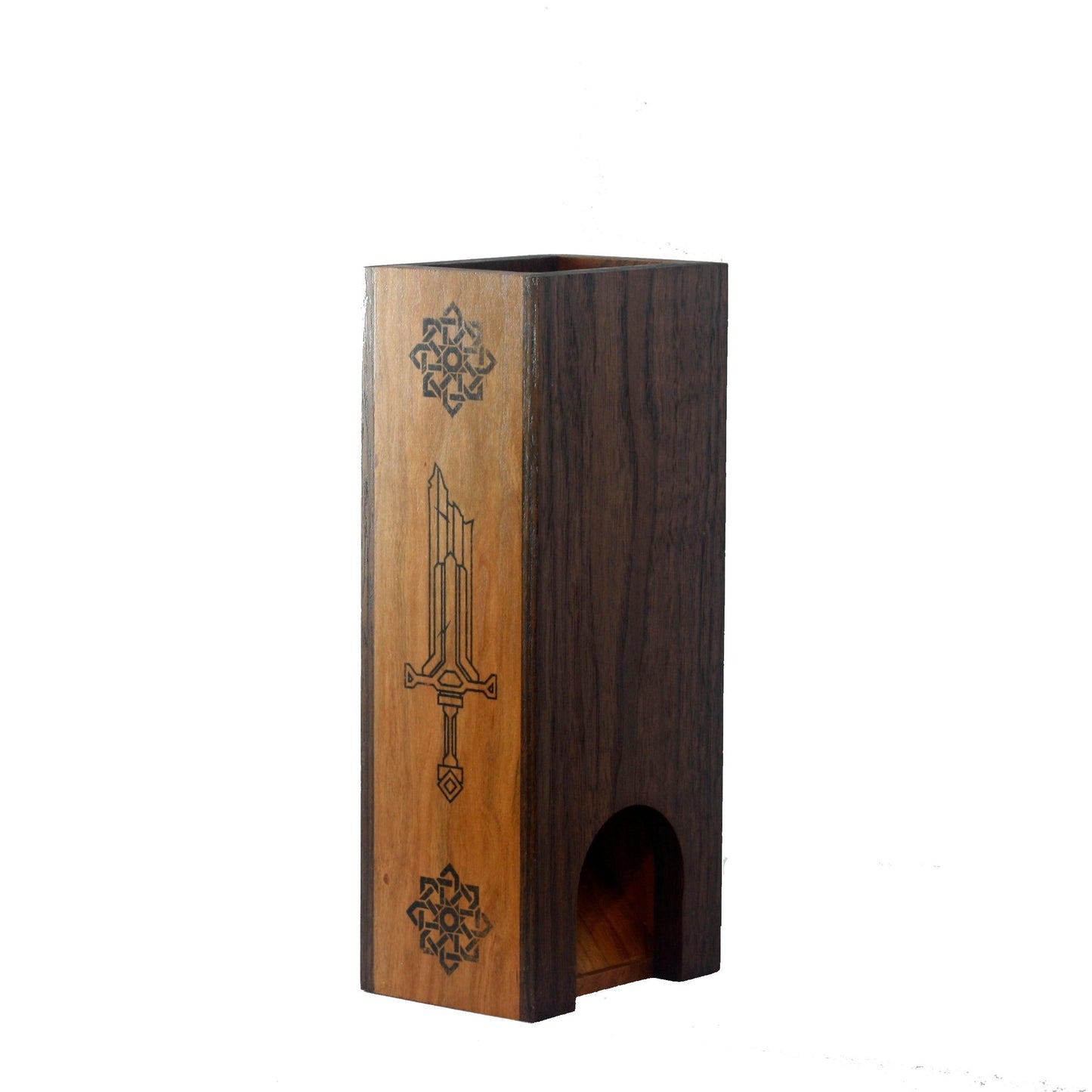 Walnut and Cherry Dice Tower with Sword - Dragon Armor Games